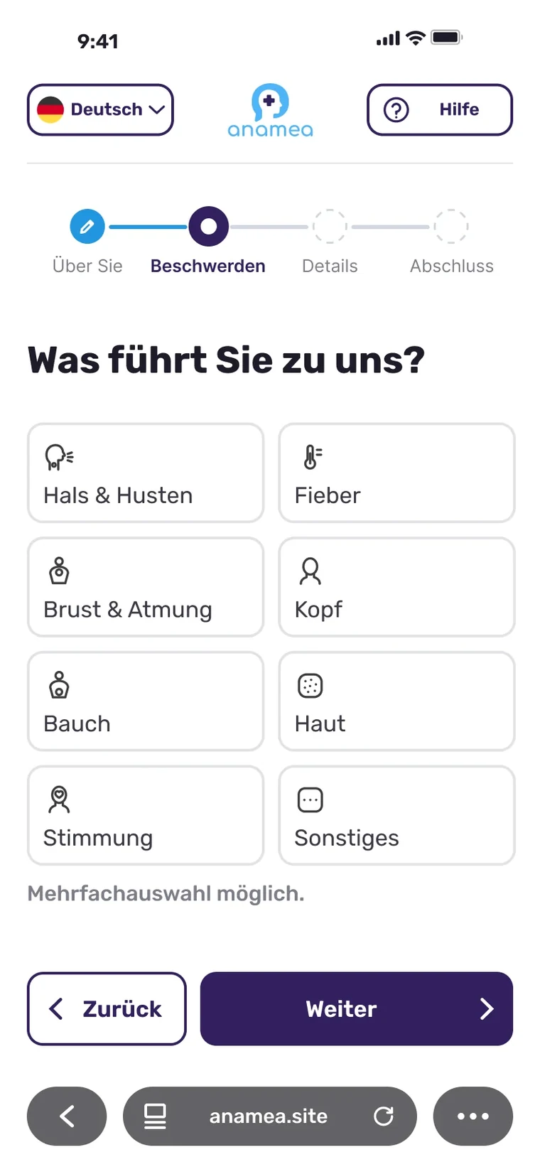 Beschwerden als Kacheln mit Icon und Wort
