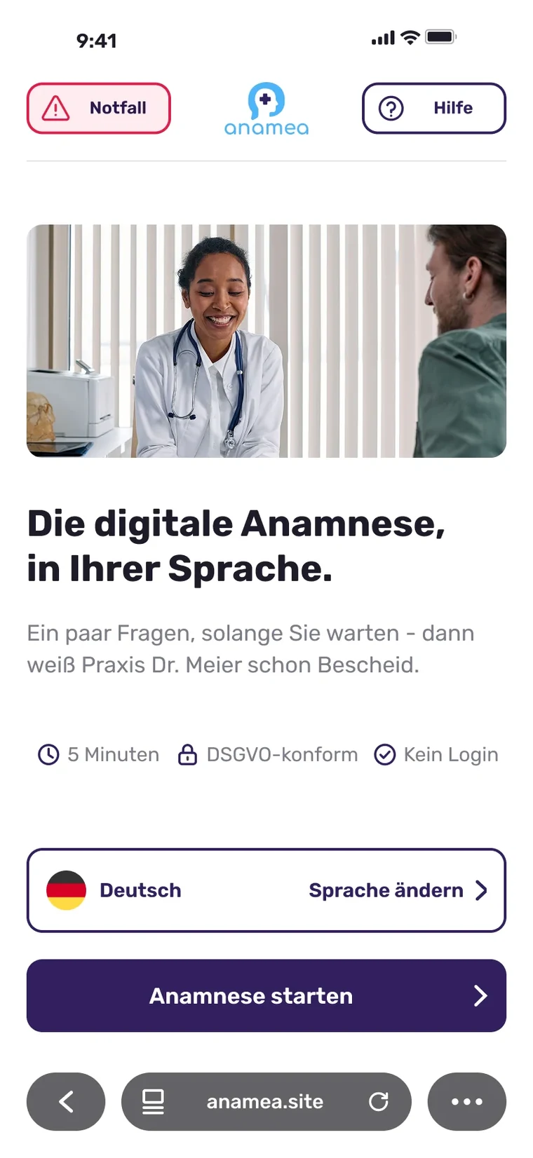 Startscreen: Die digitale Anamnese, in Ihrer Sprache