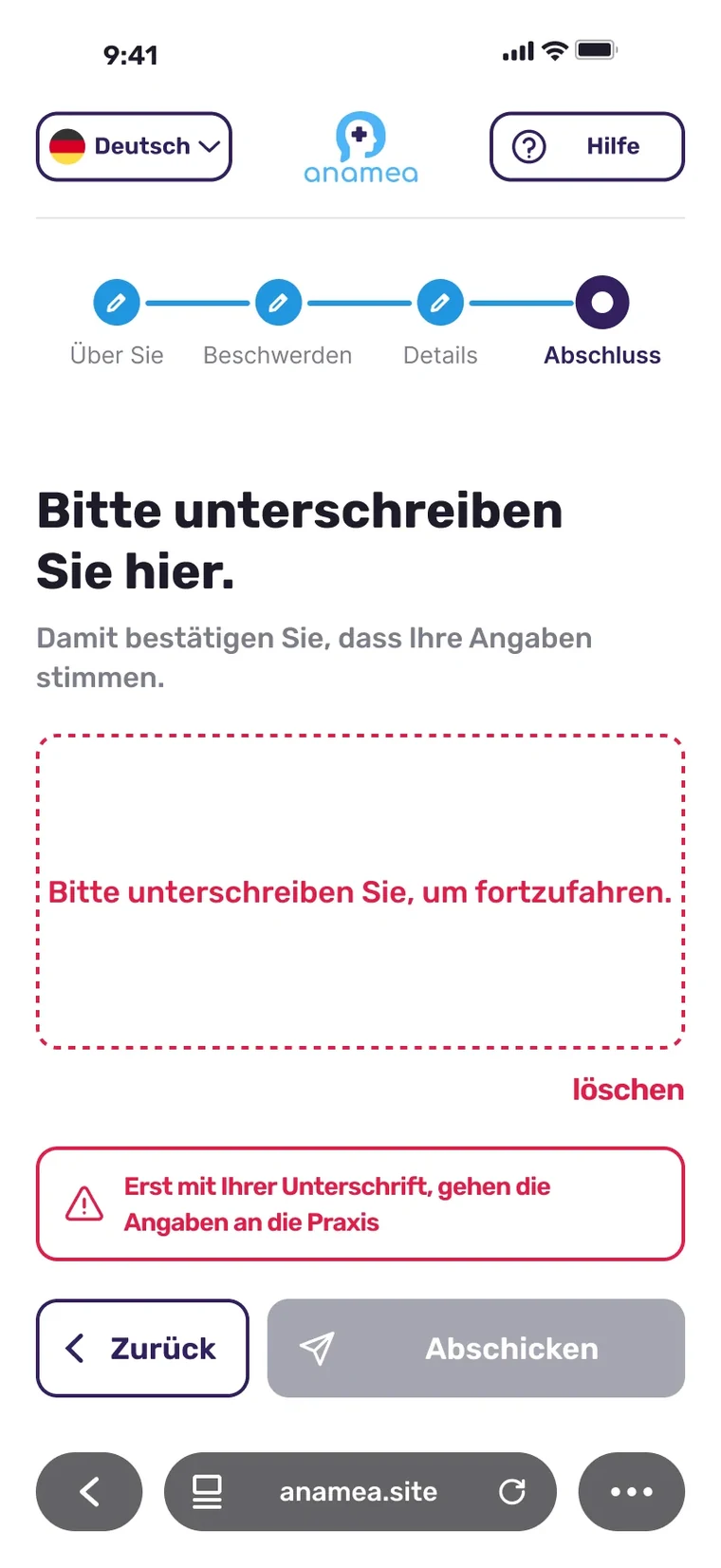 Nachher: Unterschriftsfeld rot gestrichelt, darunter der Hinweis Erst mit Ihrer Unterschrift gehen die Angaben an die Praxis