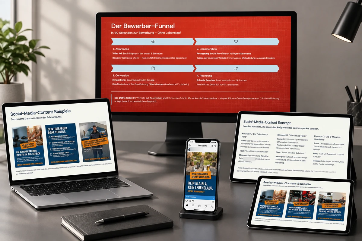 Employer-Branding-Kampagne — Bewerber-Funnel und Social-Media-Konzepte auf mehreren Geräten